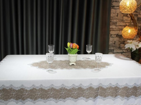 Nilüfer Dikdörtgen Baskılı Masa Örtüsü Krem Bej - Resim 3