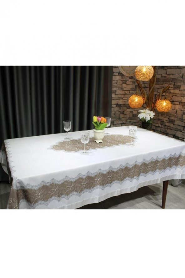 Nilüfer Dikdörtgen Baskılı Masa Örtüsü Krem Bej - Resim 6