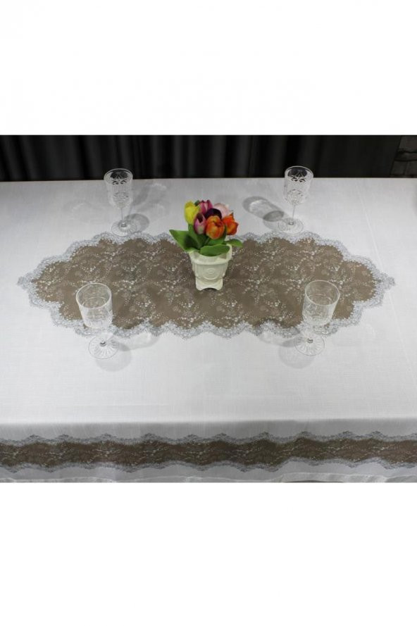 Nilüfer Dikdörtgen Baskılı Masa Örtüsü Krem Bej - Resim 8