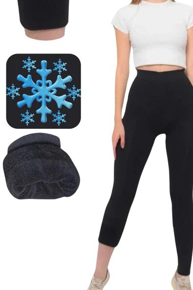 3 Lü Kadın Siyah Termal Havlu Polar Esnek Örme Tayt - 4