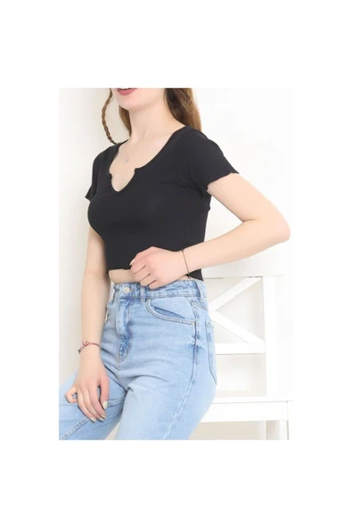 Siyah Kısa Kol Crop Buluz - 4