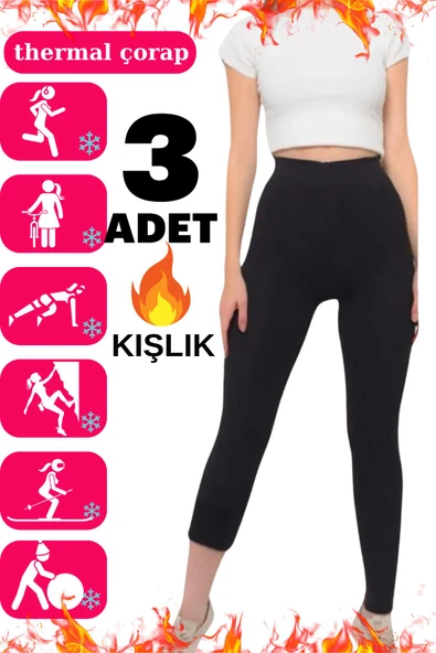 3 Lü Kadın Siyah Termal Havlu Polar Esnek Örme Tayt