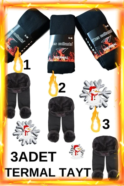 3 Lü Kadın Siyah Termal Havlu Polar Esnek Örme Tayt - 3