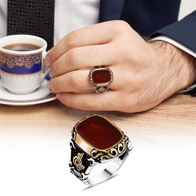 Akik Kırmızı Taşlı Tuğra Desenli 925 Gümüş Erkek Yüzük - 7
