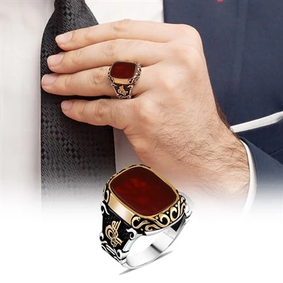 Akik Kırmızı Taşlı Tuğra Desenli 925 Gümüş Erkek Yüzük - 9