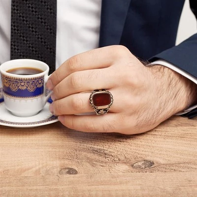 Akik Kırmızı Taşlı Tuğra Desenli 925 Gümüş Erkek Yüzük - 6