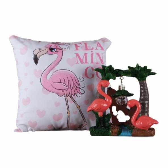 Flamingoların Aşkı Işıklı Biblo Flamingo Puf Yastık Seti