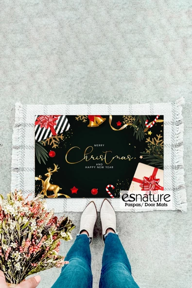Esnature Mutlu Yıllar Merry Christmas and Happy New Year Welcome Yeşil Kapı Önü Paspası 45x70Cm - 2