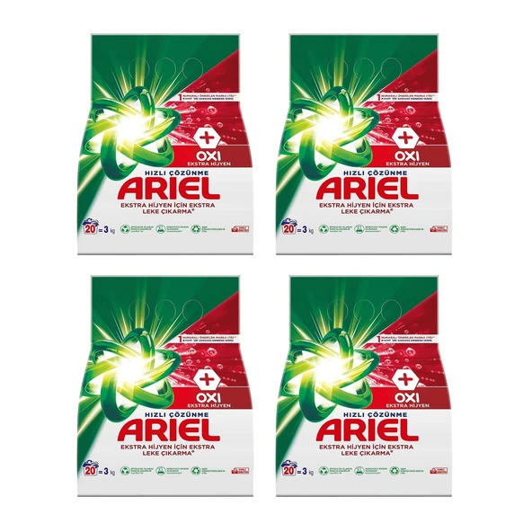 Ariel Oxi Beyazlara Özel Aqua Pudra Toz Çamaşır Deterjanı 3 Kg x 4 Adet