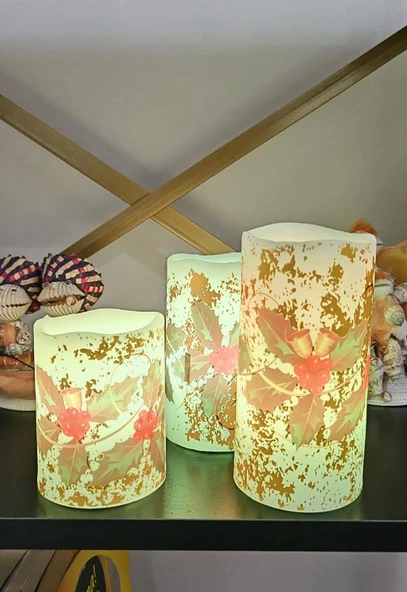 Yılbaşı Noel Temalı 3 lü Set Led Gerçek Mum Kumandalı 9 Renk Yanabilme ve Animasyonlu Büyük Boy Le - 11