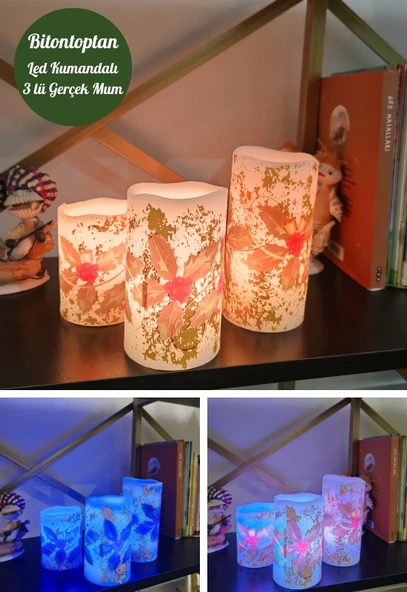 Yılbaşı Noel Temalı 3 lü Set Led Gerçek Mum Kumandalı 9 Renk Yanabilme ve Animasyonlu Büyük Boy Le