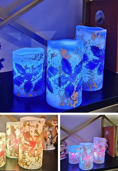 Yılbaşı Noel Temalı 3 lü Set Led Gerçek Mum Kumandalı 9 Renk Yanabilme ve Animasyonlu Büyük Boy Le - 5