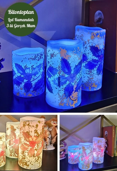 Yılbaşı Noel Temalı 3 lü Set Led Gerçek Mum Kumandalı 9 Renk Yanabilme ve Animasyonlu Büyük Boy Le - 3