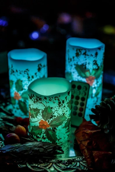 Yılbaşı Noel Temalı 3 lü Set Led Gerçek Mum Kumandalı 9 Renk Yanabilme ve Animasyonlu Büyük Boy Le - 9