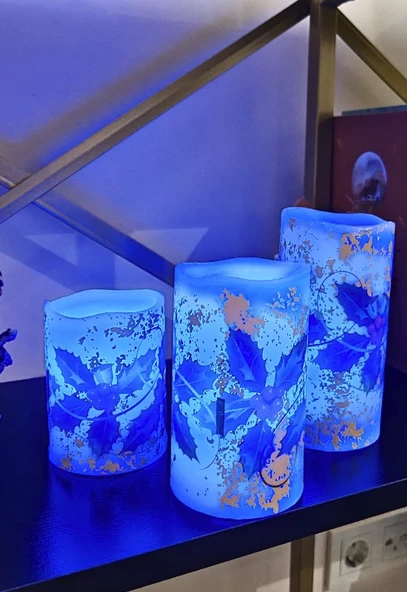 Yılbaşı Noel Temalı 3 lü Set Led Gerçek Mum Kumandalı 9 Renk Yanabilme ve Animasyonlu Büyük Boy Le - 8