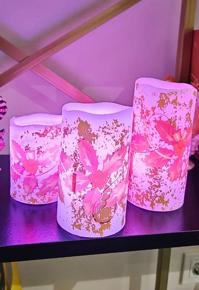 Yılbaşı Noel Temalı 3 lü Set Led Gerçek Mum Kumandalı 9 Renk Yanabilme  ve Animasyonlu Büyük Boy Le - 12