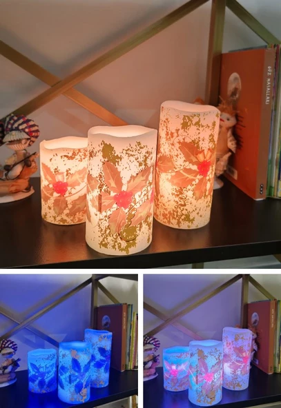 Yılbaşı Noel Temalı 3 lü Set Led Gerçek Mum Kumandalı 9 Renk Yanabilme ve Animasyonlu Büyük Boy Le - 4