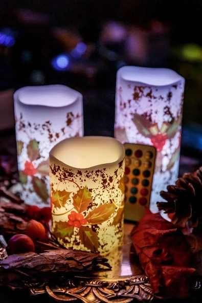 Yılbaşı Noel Temalı 3 lü Set Led Gerçek Mum Kumandalı 9 Renk Yanabilme ve Animasyonlu Büyük Boy Le - 7