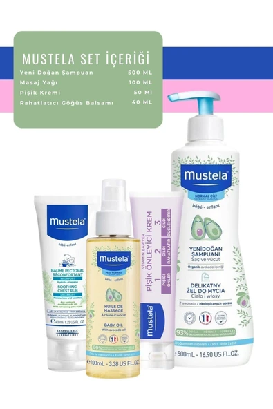 MUSTELA YENİDOĞAN ŞAMP. 500ML + PİŞİK KREMİ 50ML + BEBEK YAĞI 100ML +  GÖĞÜS RAHATLATICI BALM