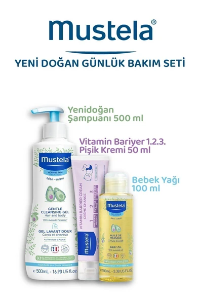 MUSTELA YENİDOĞAN ŞAMP. 500ML + MUSTELA PİŞİK KREMİ 50ML + BEBEK YAĞI 100ML