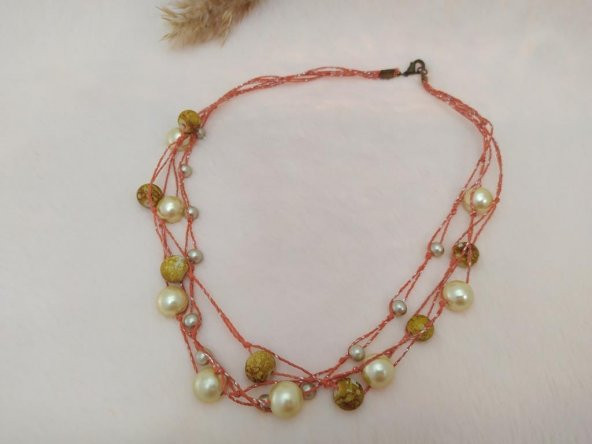 Hdmarketim El işciligi İp Üzerine  İncili Taşlı Moda Tasarım Kolye ürün görseli