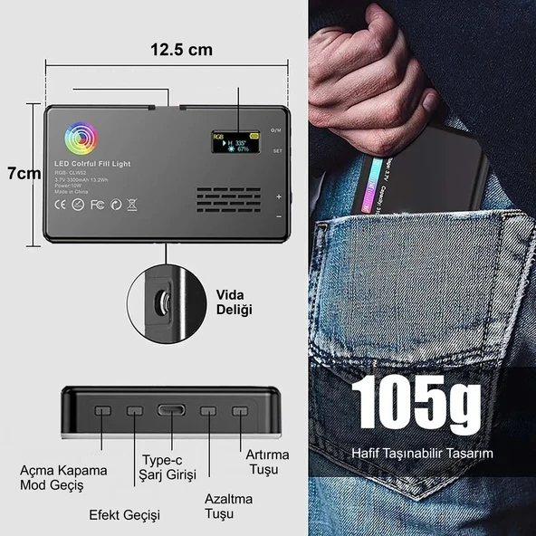 HyMark RGB-CL120 LED Video Fotoğraf Dolgu Işığı 9000K LCD Ekran 20 Efekt DSLR Vlog Canlı Yayın - 3