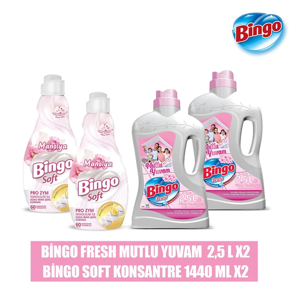 Bingo Fresh Yüzey Temizleyici Mutlu Yuvam 2,5 L 2'li + Bingo Soft Konsantre Yumuşatıcı Manolya 1440 ml 2'li