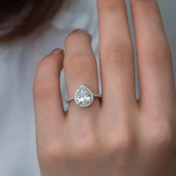 Damla Taşlı 925 Gümüş Tektaş Yüzük - 8