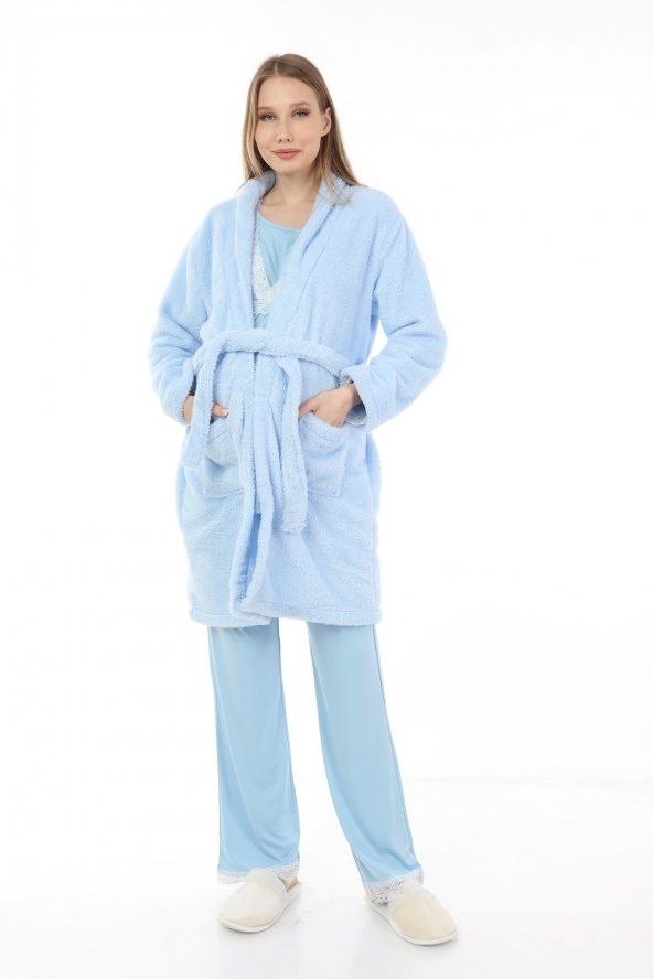 Luvmabelly MYRA9701 Peluş Sabahlıklı Hamile Pijama Takımı -Mavi