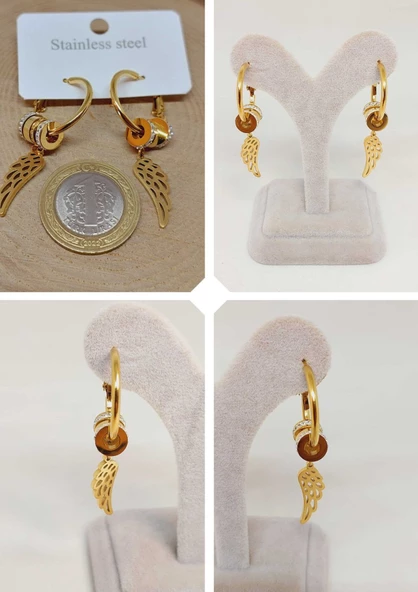 Melek Temalı Altın Renkli Çelik Küpe (54520) - Resim 3