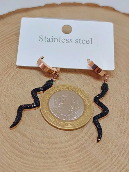 Yılan Temalı Rose Gold Renkli Çelik Küpe (54526) - Resim 3