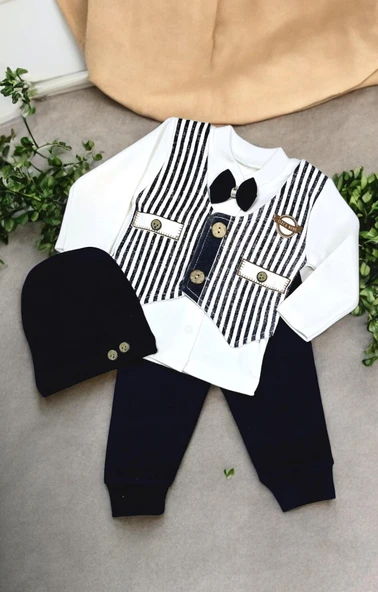 Papyonlu Erkek Bebek Takım 3lü Set - 2