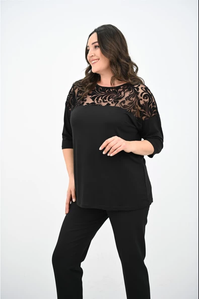 Kadın Büyük Beden Kadife Tül Detaylı Bluz 1856-2 - 5