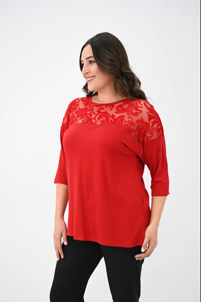 Kadın Büyük Beden Kadife Tül Detaylı Bluz 1856-2 - 11