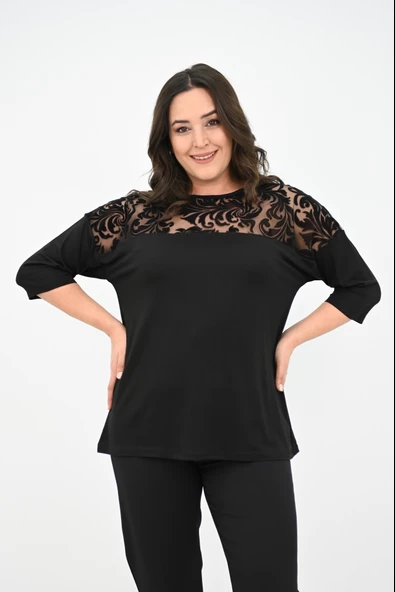 Kadın Büyük Beden Kadife Tül Detaylı Bluz 1856-2 - 2