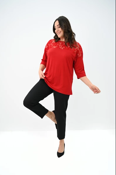 Kadın Büyük Beden Kadife Tül Detaylı Bluz 1856-2 - 9