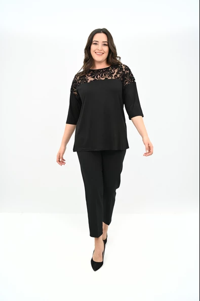 Kadın Büyük Beden Kadife Tül Detaylı Bluz 1856-2 - 3