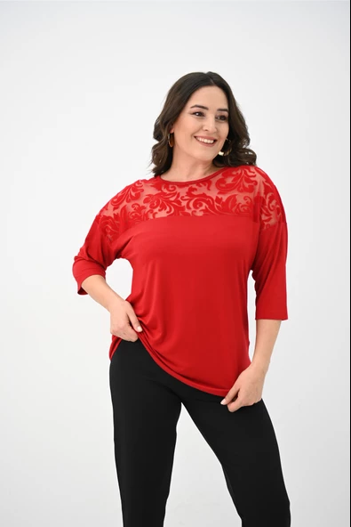 Kadın Büyük Beden Kadife Tül Detaylı Bluz 1856-2 - 10