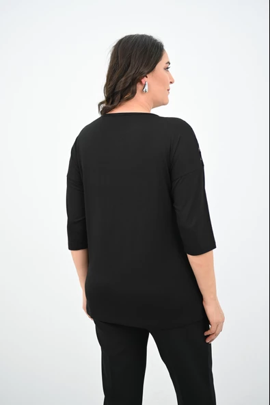 Kadın Büyük Beden Kadife Tül Detaylı Bluz 1856-2 - 6