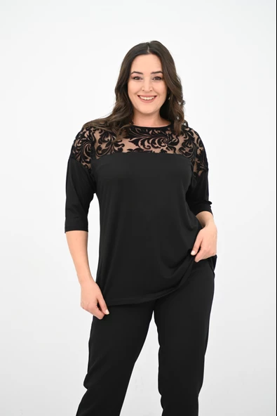 Kadın Büyük Beden Kadife Tül Detaylı Bluz 1856-2 - 4