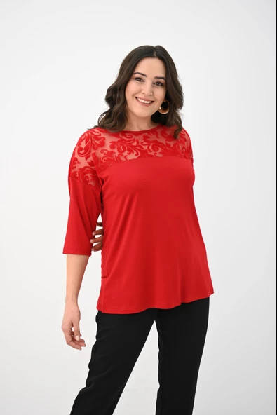Kadın Büyük Beden Kadife Tül Detaylı Bluz 1856-2 - 8