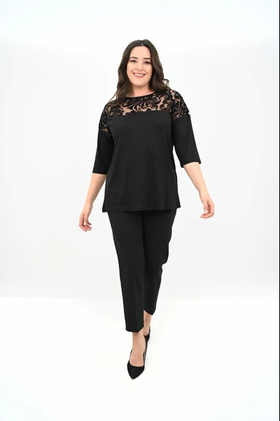 Kadın Büyük Beden Kadife Tül Detaylı Bluz 1856-2 - 3