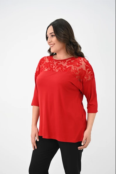 Kadın Büyük Beden Kadife Tül Detaylı Bluz 1856-2 - 11