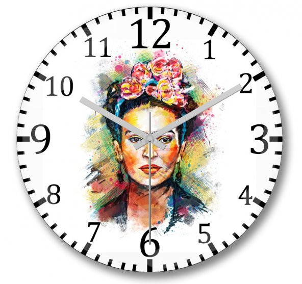 Frida Kahlo Renkli Çiçekli Duvar Saati Bombeli Gercek Cam