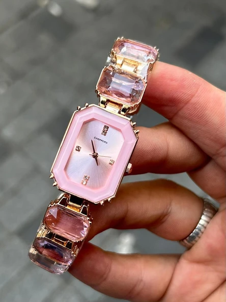 Choppers Lüks Şeffaf Pembe Taş Zarif Dikdörtgen Kadran Modern Işıltı Detay Şıklık Kadın Kol Saati ürün görseli 1