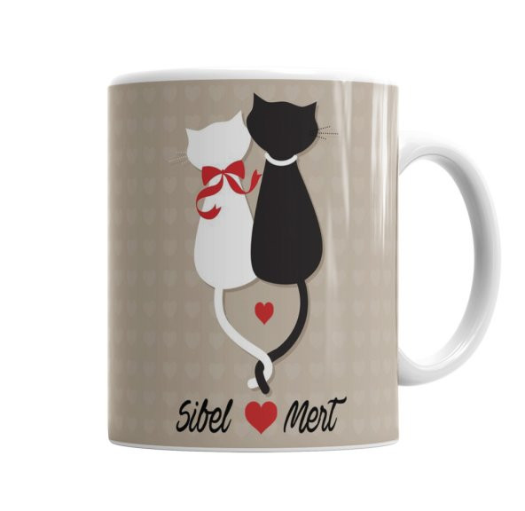 Kişiye Ve Sevgiliye Özel İsimli Aşık Kediler Kupa Bardak Porselen