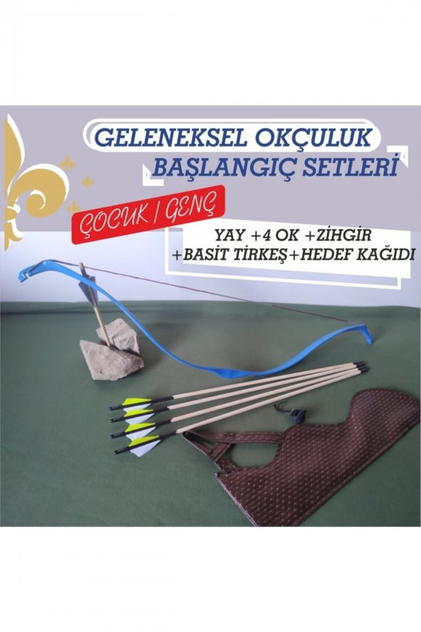 Geleneksel Okçuluk Başlangıç Genç Ok Yay Seti Mavi (4 Ok+ Zihgir+ Tirkeş+hedef)