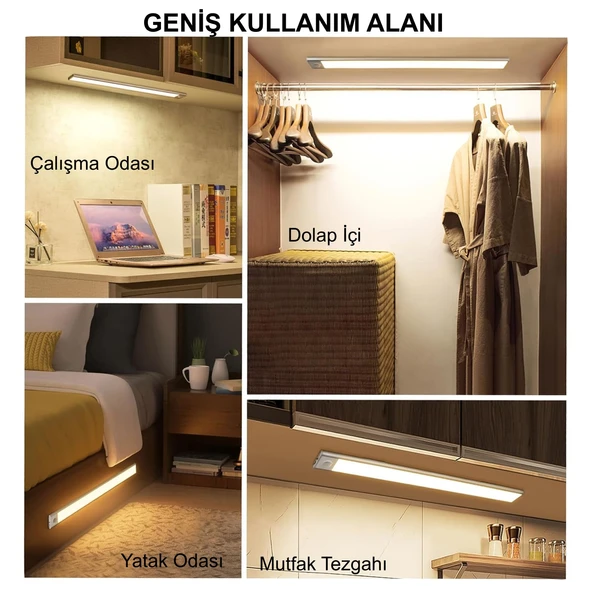 HyMark 40cm Sensörlü Alüminyum USB Şarjlı LED Gece Lambası 3 Renk Kısılabilir Mutfak Dolap Tezgah - 6