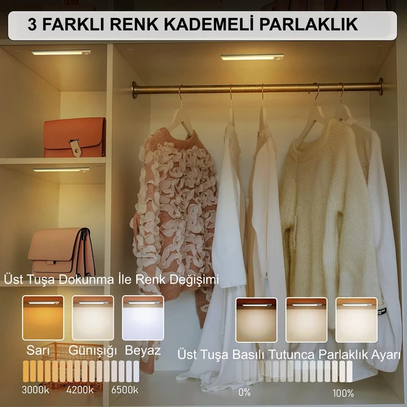 HyMark 40cm Sensörlü Alüminyum USB Şarjlı LED Gece Lambası 3 Renk Kısılabilir Mutfak Dolap Tezgah - 2