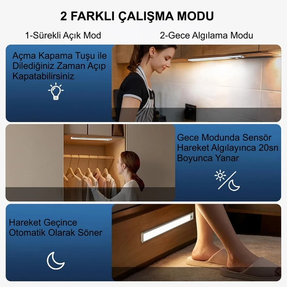 HyMark 40cm Sensörlü Alüminyum USB Şarjlı LED Gece Lambası 3 Renk Kısılabilir Mutfak Dolap Tezgah - 5